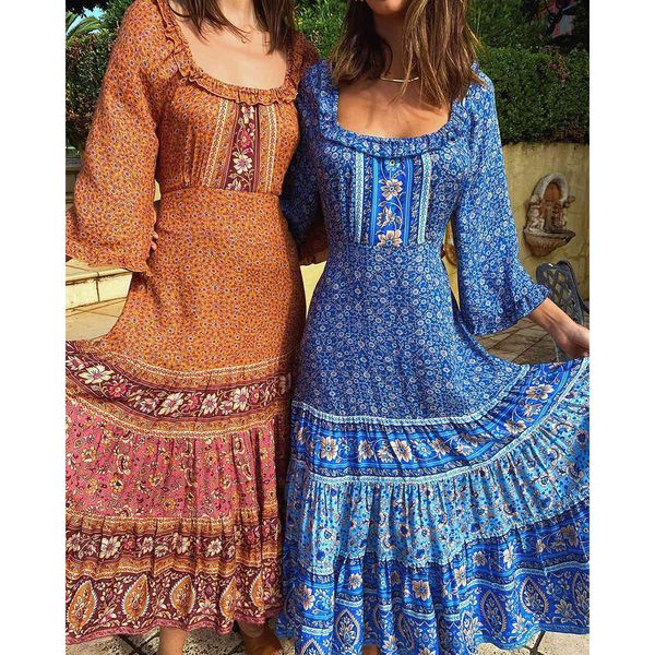 

casual dresses vintage-style floral print women 3/4 sleeve o-neck maxi belt waist beach long dress autumn vestidos g91l, Black;gray