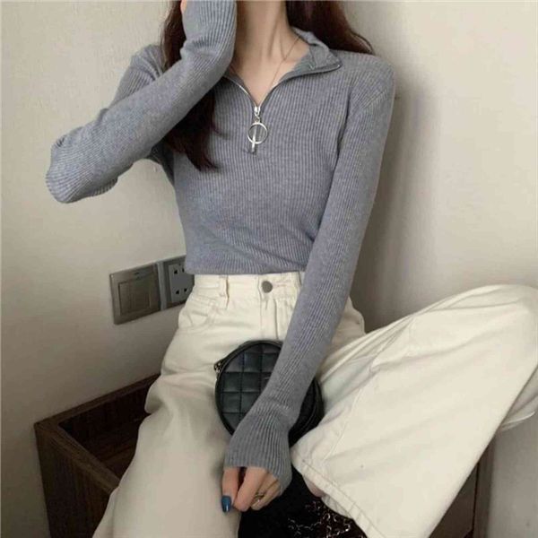

pulls femme automne hiver pullover women sweaters basic ribbed cotton knitted solid mock neck long sleeve sweater, White;black
