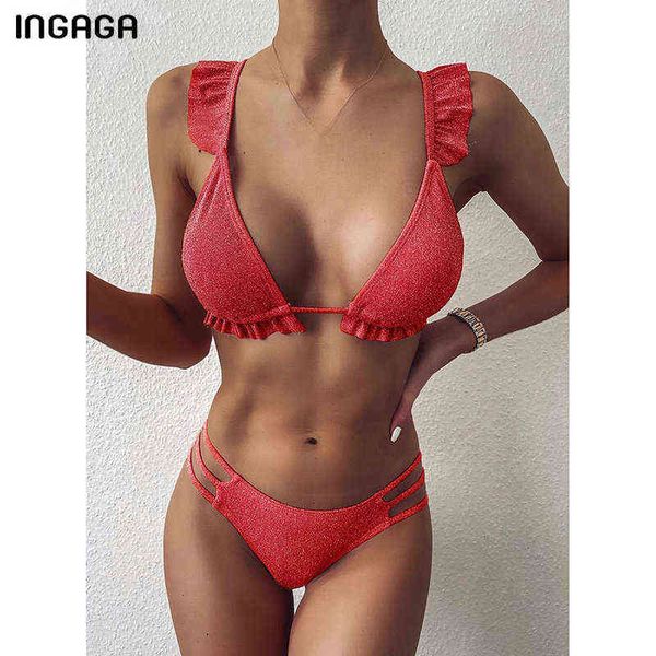 

ingaga bikini womens swimsuits ruffle swimwear biquni push up beachwear solid shiny bathing suits hollow out bikinis, White;black