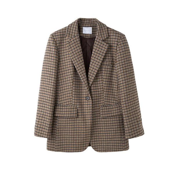

women's wool & blends high sense woolen blazer female 2021 autumn and winter retro korean type british style small plaid suit coats jac, Black