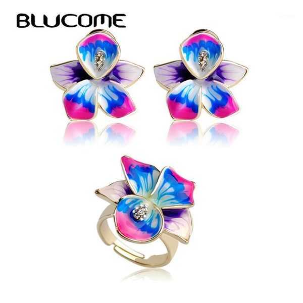 Brincos Colar Blucome Ajustável Anel Set Joias Ouro Jóias Conjuntos Esmalte Bijuterias Rosa Flores Joyas Casamento Mulheres Menina Acessórios