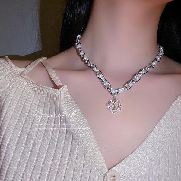

pendant necklaces love cross pearl chain necklace collarbone temperament design sense female, Silver