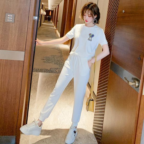 

summer sports leisure pants suit female short sleeve round neck sweatshirt fashion casual outfit women clothes set 2021 women's two pie, White