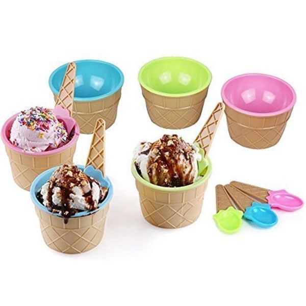 Plástico Kids Ice Cream Bowls Copo Eco-amigável para o recipiente de sobremesas fofas com colher infantil doces de doces de tabela de mesa zl0025