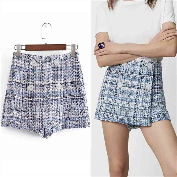 

za summer blue white women shorts plaid high waist casual tweed bermuda skirt vintage button short pants, White;black