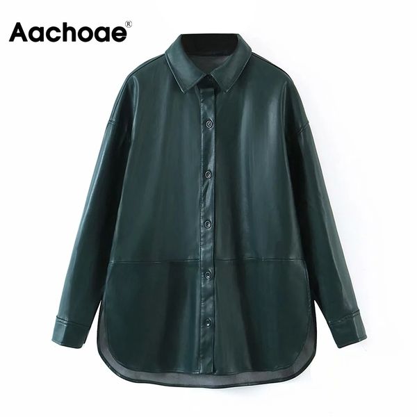 

aachoae women fashion pu faux leather shirt jacket solid color long sleeve outerwear coat turn down collar streetwear 210413, Black