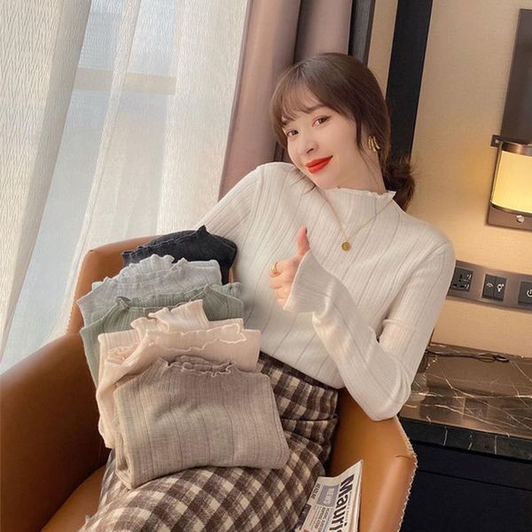 

women's sweaters half turtleneck women sweater elastic solid color spring autumn fashion jumpers female slim knitted pullovers, White;black