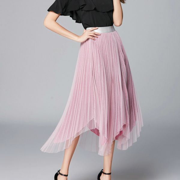 

skirts sweet irregular metallic gauze pleated skirt women's candy high low w bottom y bling a-line long skirts pink blue, Black