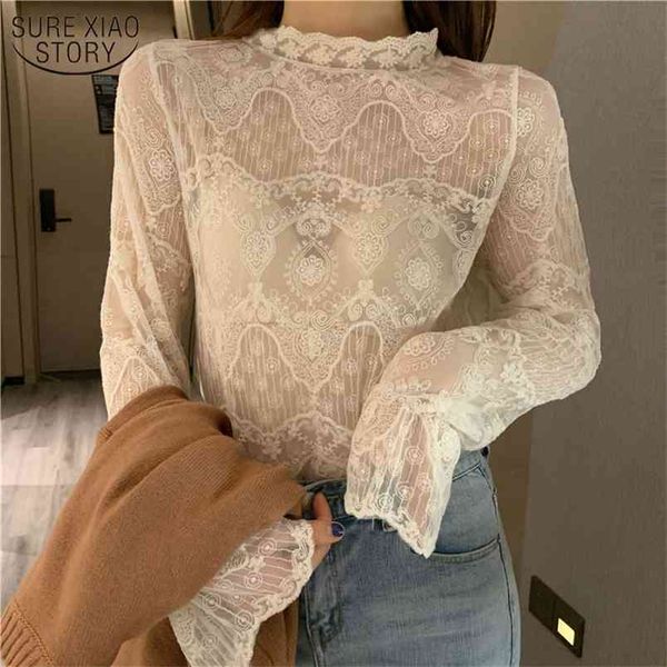 

spring lace bottoms shirts women long sleeve hollow out korean clothes fashion thin mesh elegant female 12611 210421, White