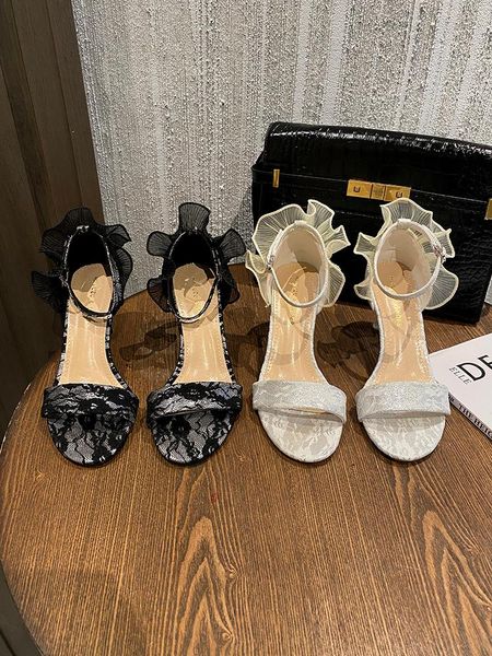 

sandals exquisite fashion stiletto high heels ruffled temperament women's summer open toe heels., Black