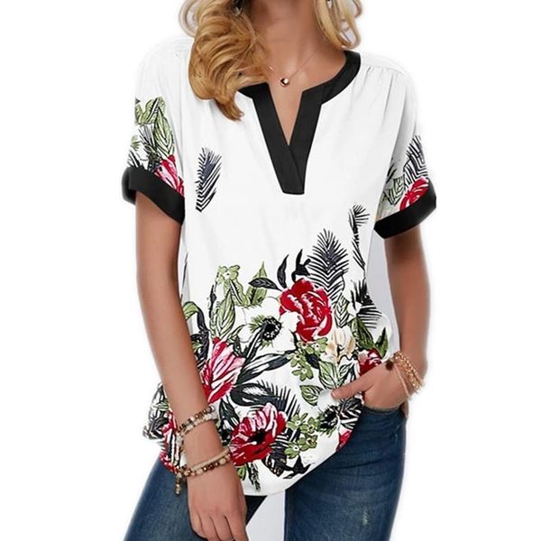 

women's t-shirt 2021 spring digital floral print v-neck short-sleeved, White