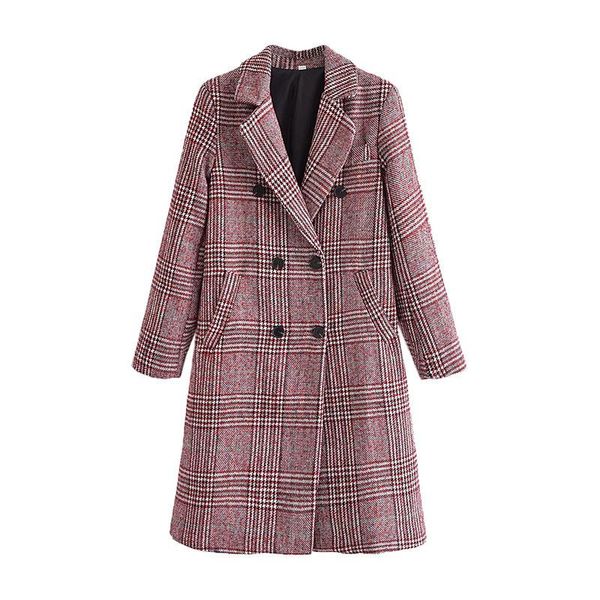 

women's wool & blends 2021 autumn female style retro plaid double-breasted temperament mid-length woolen coat jacket, Black