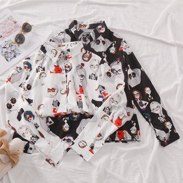 

printed fashion long sleeve women shirts chic v neck casual chiffon, White