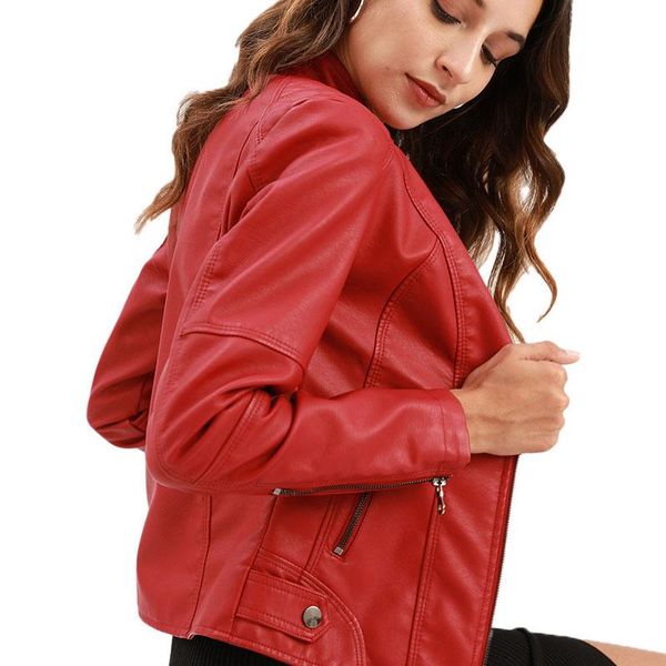 

women's leather & faux euro size female jacket spring and autumn fashion thin coat slim stand collar motorcycle outerwear s~4xl, Black