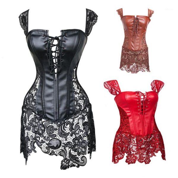 

black red bustier zipper pu leather corset dress set overbust lingerie women lace up corselet skirt thong bustiers & corsets, Black;white