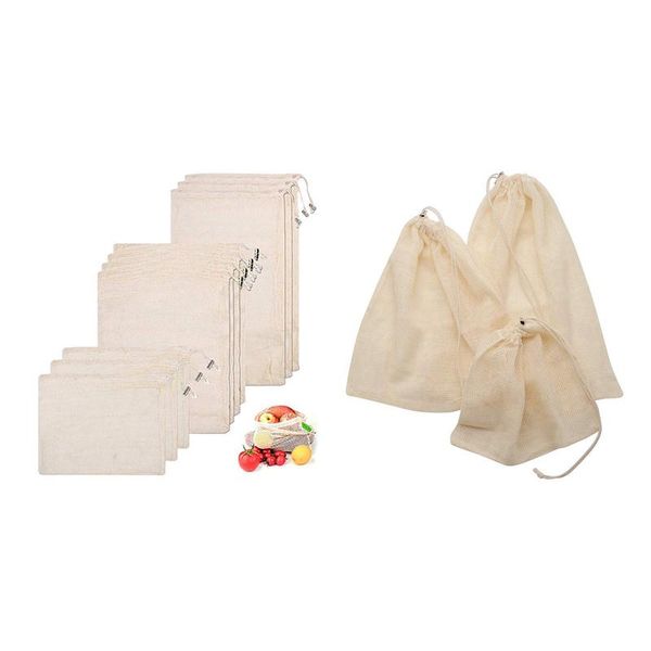 

set reusable produce bags, organic cotton mesh vegetable washable durable recyclable packaging bags with drawstring, for storage boxes & bin