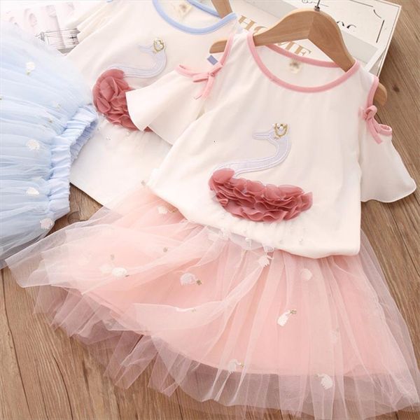 

children clothes set off shoulder baby girls short sleeved t shirt swan pearl gauze mesh skirt two piece suit for, White