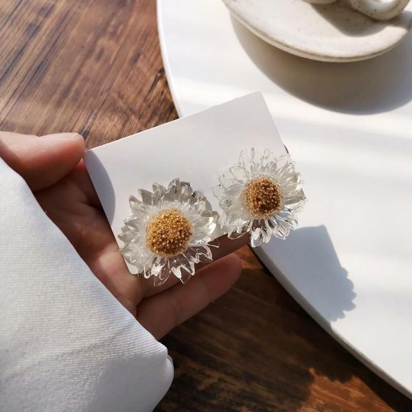 

aini fashion jewelry big flower earrings selling spring summer transparent resin golden print women for party gifts stud, Golden;silver