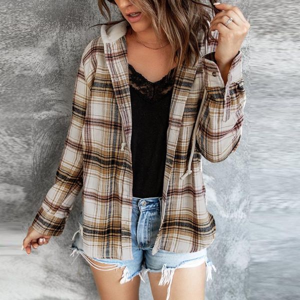 

women's jackets nice womens stripe hooded jacket classic plaid print loose coat ladies long sleeve button shirt style fall veste femme, Black;brown