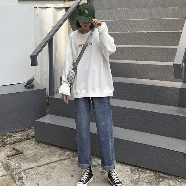 

harajuku straight jeans women's spring and autumn thin loose-fitting students high-waisted bf thin-legged pants, Blue