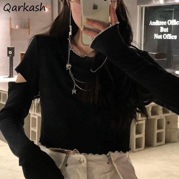 

women's t-shirt women t-shirts long sleeve hollow out korean style streetwear crop -line slender chic ins fashion students all-mat, White