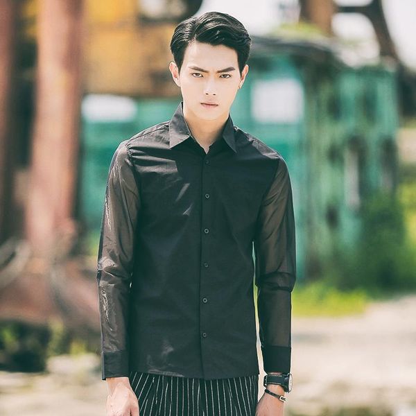 

s-5xl 2021 men's clothing fashion hair stylist slim long sleeved perspective shirt korean plus size singer costumes casual shirts, White;black