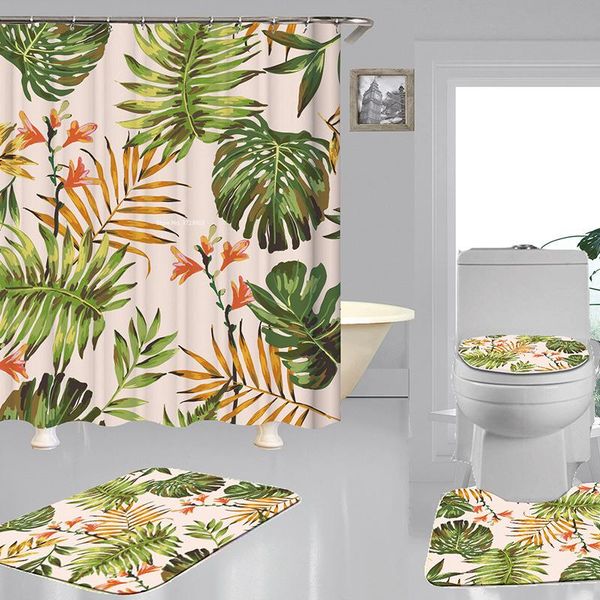 

shower curtains nordic style banana leaf curtain 3d digital printing waterproof bathroom non-slip floor mat 4-piece set