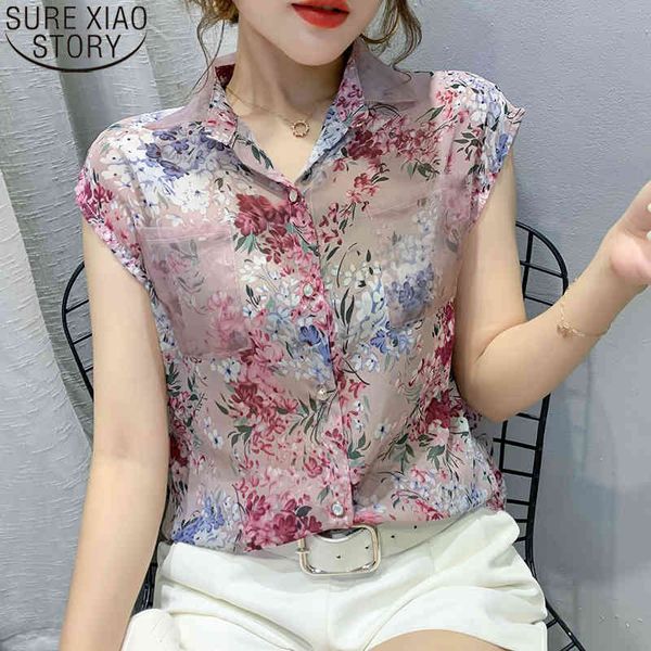 

summer blouse sleeveless shirts women vintage floral print blouses ladies blusas mujer casual chiffon shirt 10225 210417, White