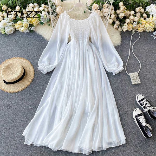 

women white dress spring summer puff long sleeve slim a line beach dresses ladies elegant chiffon robe vestidos mujer 210602, Black;gray