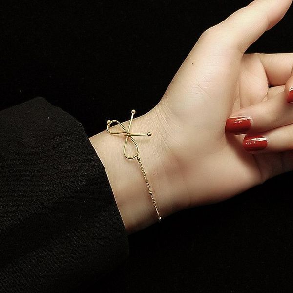 

gold plated stainless steel bowknot bracelets for women accessories, simple woman bracelet on hand fashion jewellery link, chain, Black