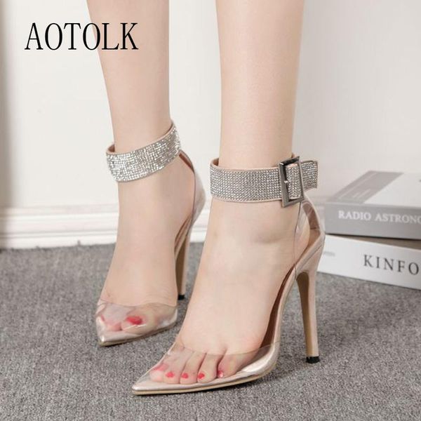 

dress shoes women pumps transparent belt buckle woman party wedding shoe rhinestone high heels large size white spring summer de, Black