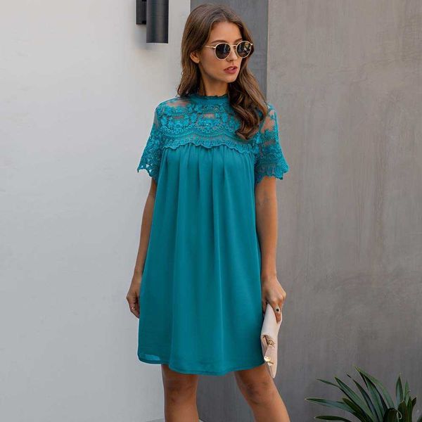 

ruffled solid color chiffon lace patchwork knee-length short sleeve midi dres casual loose plus size beach dresses 210604, Black;gray
