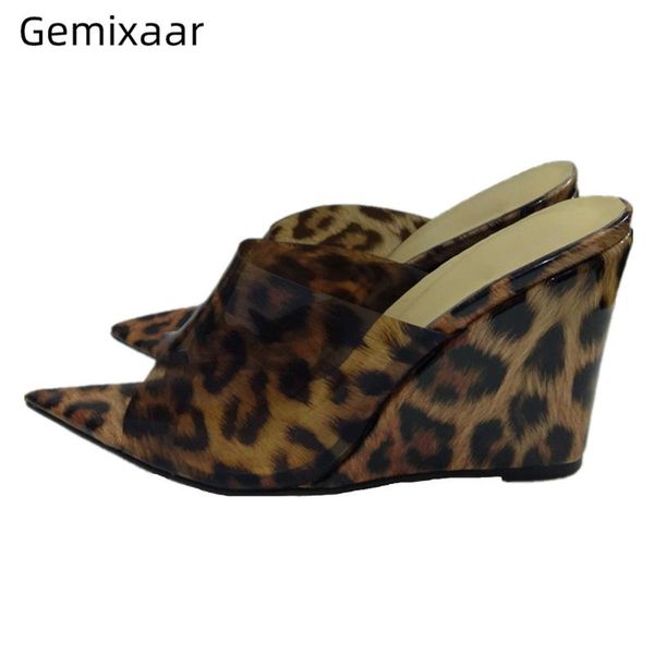 

slippers leopard pvc high heel shoes woman unique wedges pointed toe open toes runway 2021 summer women, Black
