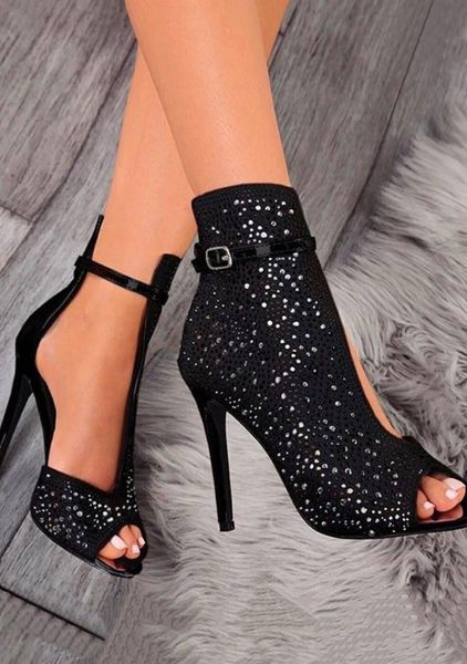 

with women's sandals 11.5cm high 2021 summer fish head rhinestone stiletto heels large size 41 42 43, Black