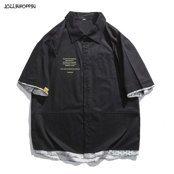 

men's casual shirts streetwear letters printed men patchwork shirt short sleeve 2021 summer turn down collar cotton loose black /white, White;black