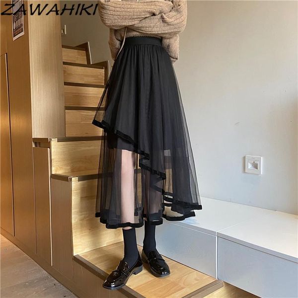 

skirts zawahiki korean fairy gauze irregular women summer 2021 elegant high waist a-line solid fashion mid-calf, Black