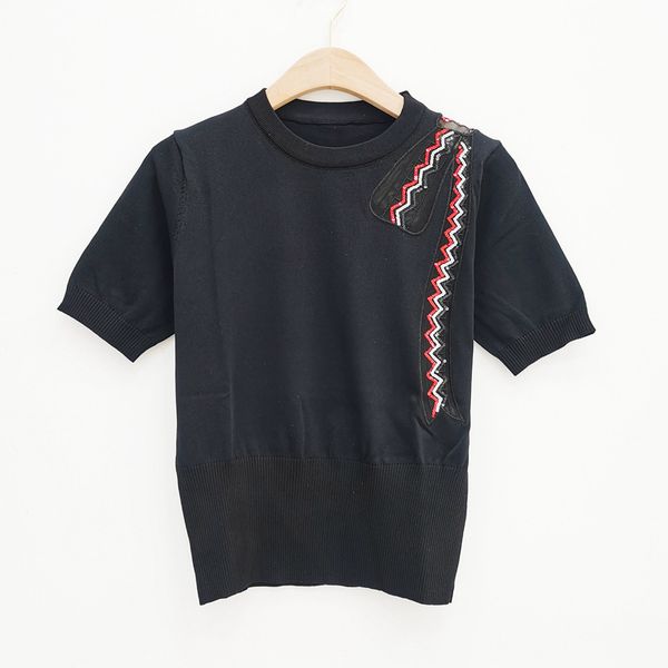 

sweater knit tb 2021 summer hollow shoulder bow sequin embroidered ice silk t-shirt round neck slim short sleeve top, White;black