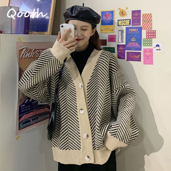 

qooth v-neck stripe knitted straight cardigan womens korean style loose sweet cardigan retro single-breasted sweater qt618 210518, White