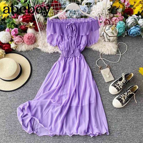 

korean elegant pleated dress women ruffles off shoulder midi long party es summer holiday chiffon 210512, Black;gray