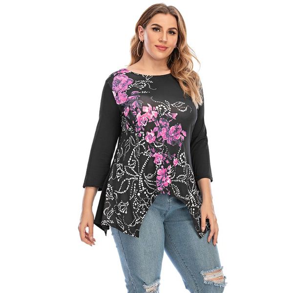 

plus size t-shirt sale fashion floral printed casual women o-neck 3/4 sleeve autumn irregular hem tees chemisier femme, Black