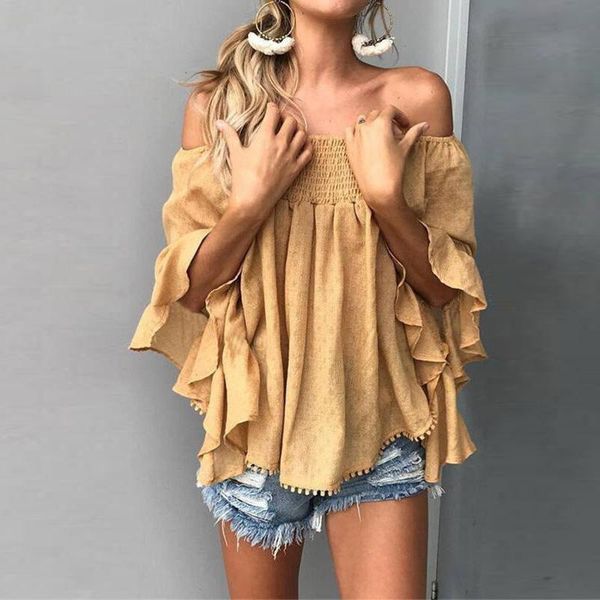 

women's polos women fashion slash neck blouse summer elegant cold shoulder loose plus size, White