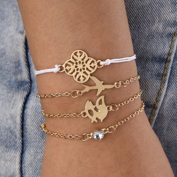 

charm bracelets fashion jewelry multi-layer beaded flower aircraft pendant 4 pieces set for women bangle accessories gifts, Golden;silver