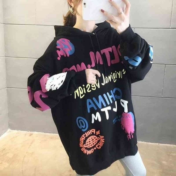 

2020 early spring medium loose lazy wind graffiti sweater women's hoodie versatile long sleeve top, Black