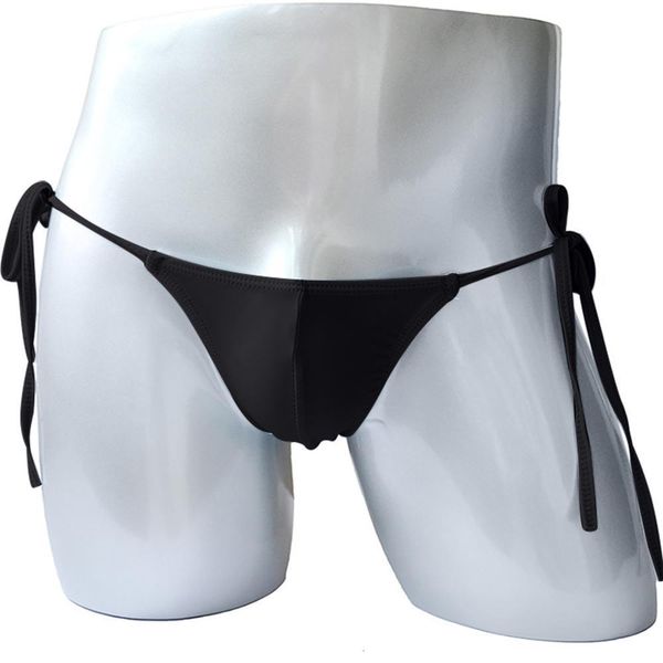 

sale adjustable size solid drawstring ties smooth briefs lingerie low rise bikini thong men's underwear a40, Black;white