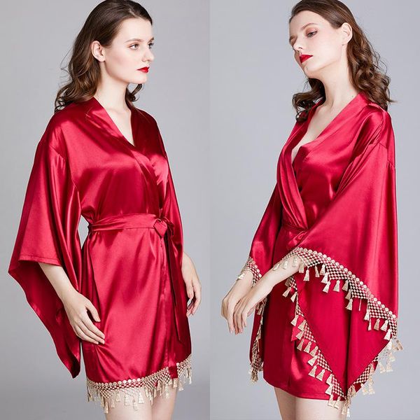

women's sleepwear cardigan bridal nightgown ladies spring and summer satin wedding wide sleeved dressing gown bathrobe kimono, Black;red
