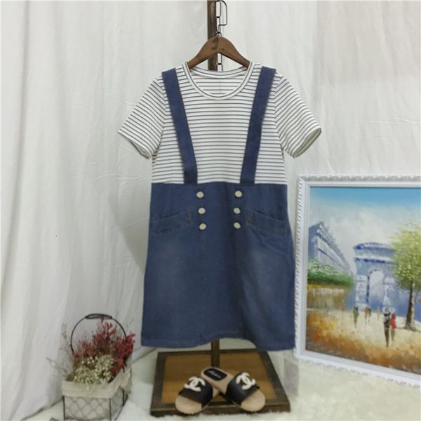 

dresses xinhualu 2021 spring and summer new fashion stripe denim strap dress women's fake two-piece jumpsuit skirt, Black;gray