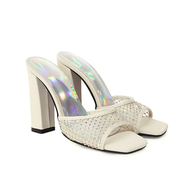 

slippers sparkly rhinestone embellish see through net mesh woman block high heels shiny crystal black beige slides shoes 43