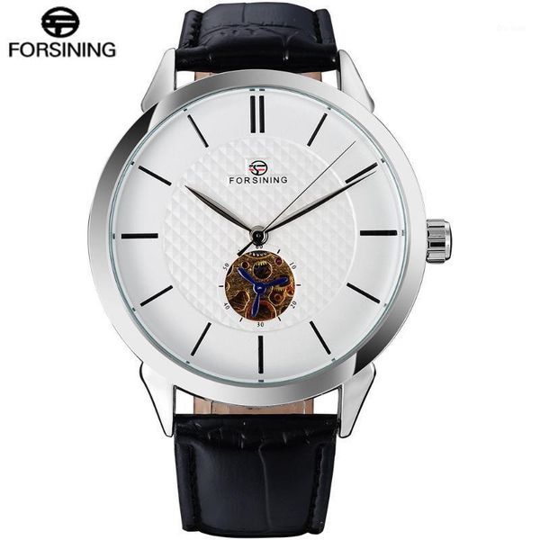 

brand simple automatic self wind watch skeleton white dial transparent back case genuine leather band wristwatches, Slivery;brown