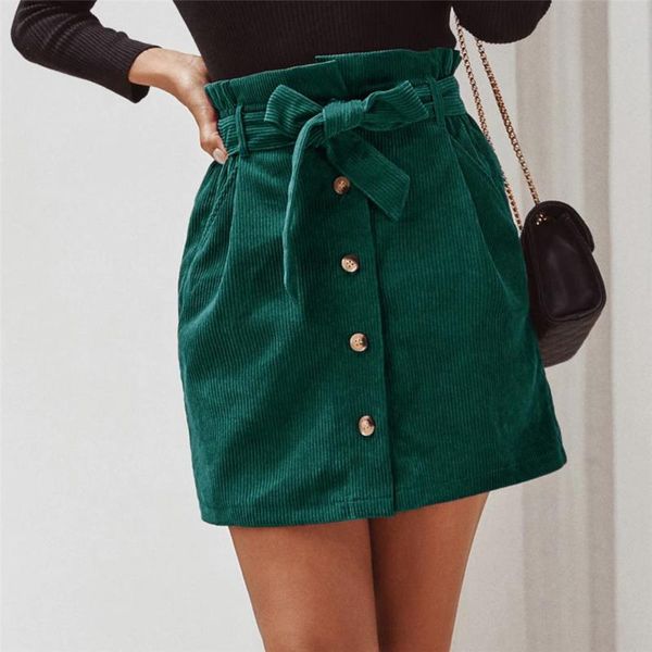 

women autumn winter fashion casual sashes high waist corduroy a line mini skirts with stylish button belt pocket red brown green, Black