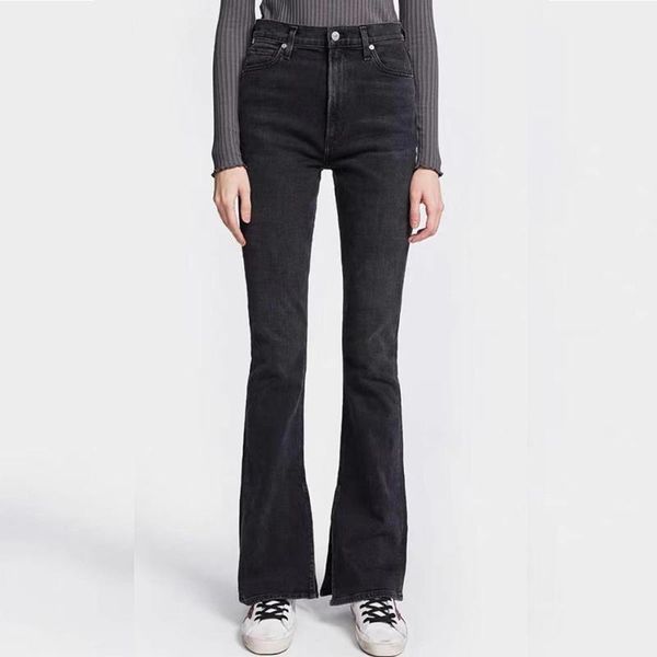 

women's jeans high waist slim women solid wild casual slit flared denim pants, Blue